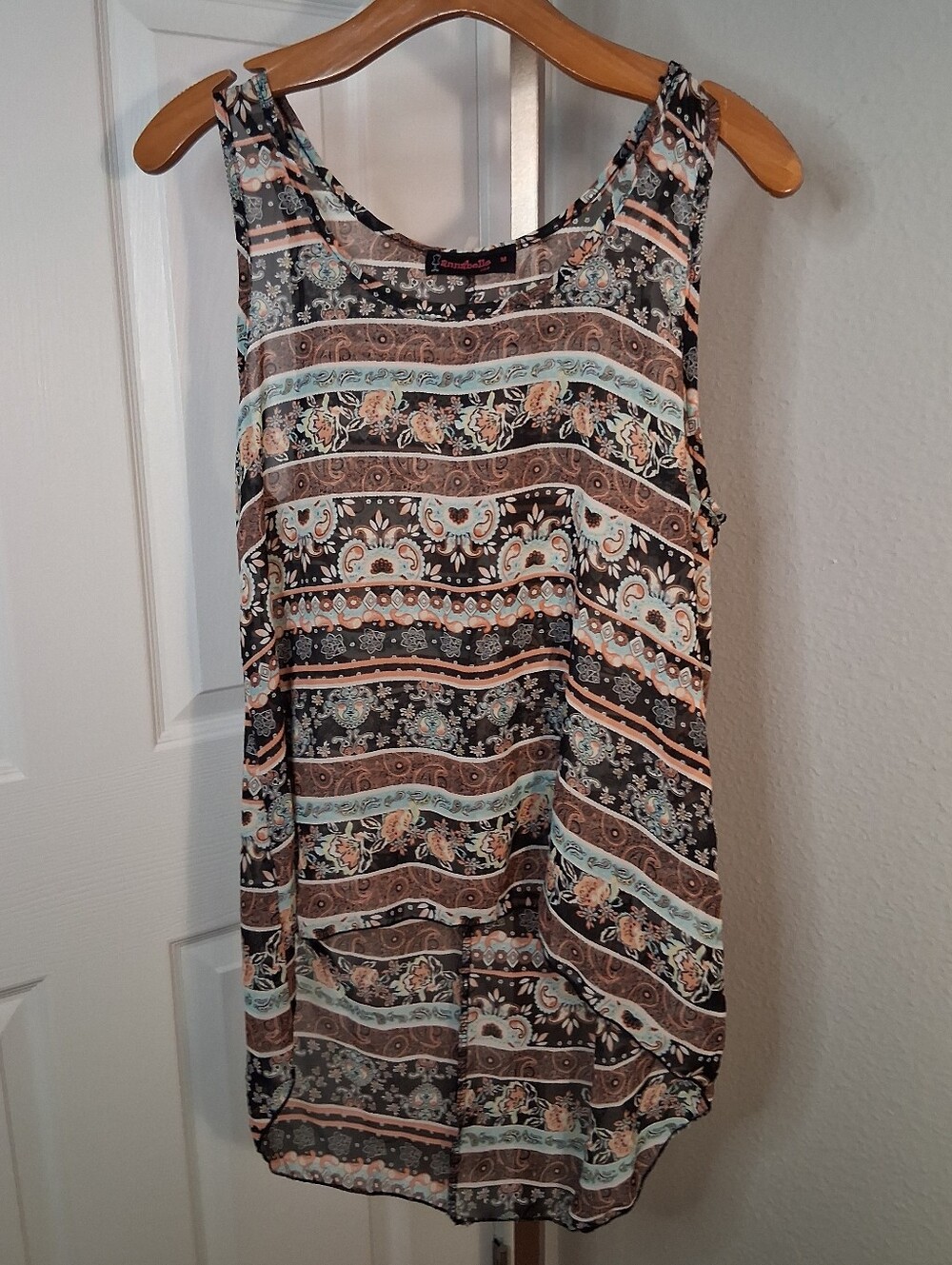 Annabelle Black Floral Striped Tank Top with Mint and Peach Accents